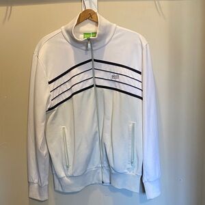 Boss White Zip-Up Sweater with Navy Chevron Stripes